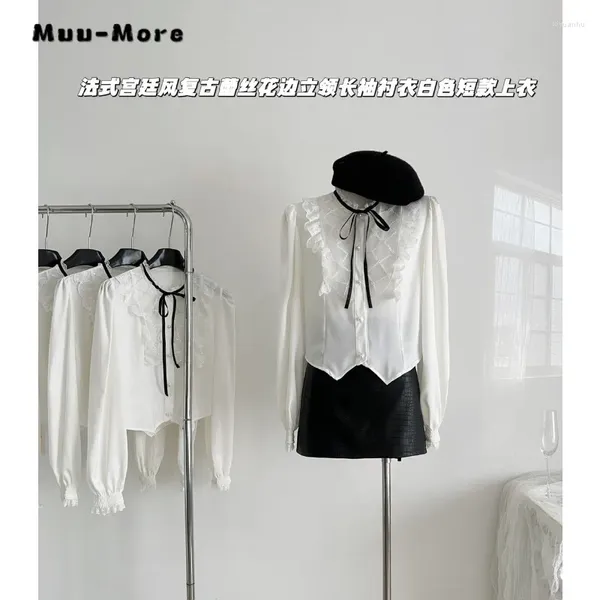 Blouses femininas estilo francês Luxo de luxo elegante renda fina branca 2024 Mulheres da primavera Casual Manga longa Camisetas de fada de cor sólida e fada