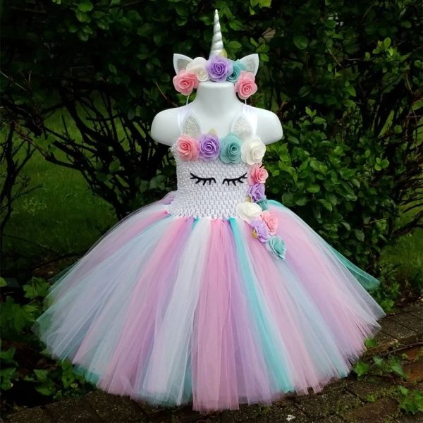 Pinsel Girls Pastell Einhorn Blumenkleid Kinder Häkeln Tulle Tutu Kleid mit Haarbogen Set Kinder Geburtstagsfeier Kostüm Cartoon Kleider