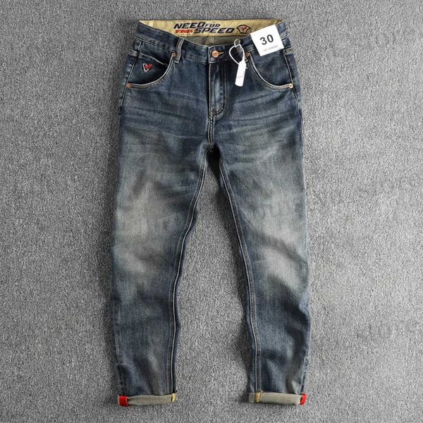 Мужские джинсы ретро -тренд мотоцикл Feng Shui Wash Old Jeans Men Microlastic Slim American Youth High Strt Pants T240409