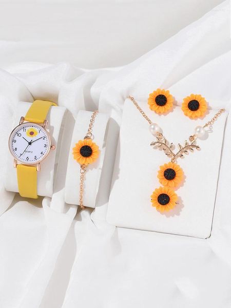 Bilek saatleri 5pcs kadınlar izleme bileklik seti küpeler kolye yüzüğü instagram tarzı basit gündelik moda kol saati hediye
