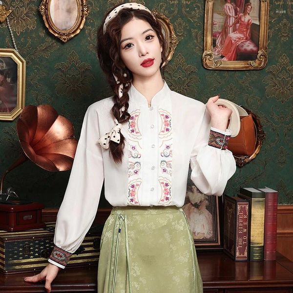 Blouses femininas 2024 Spring Vintage Hanfu Mulheres chinesas Tradicional Stand Collar Cardigan Camisa Pleats Design de moda Top Top Top