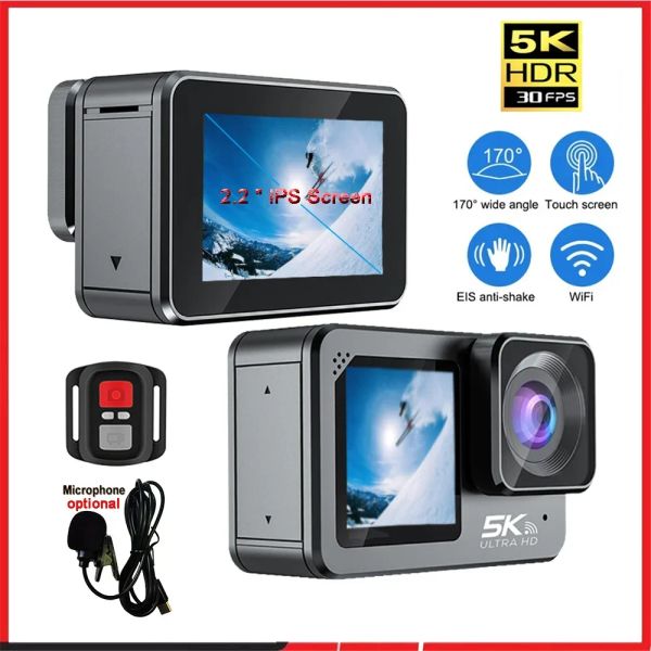 Kameralar Yeni Aksiyon Kamerası 5K 4K60FPS 48MP 2.2 Dokunmatik LCD EIS Çift Ekran WiFi 170D Su Geçirmez Uzaktan Kumanda 8x Zoom Go Sports Pro Cam