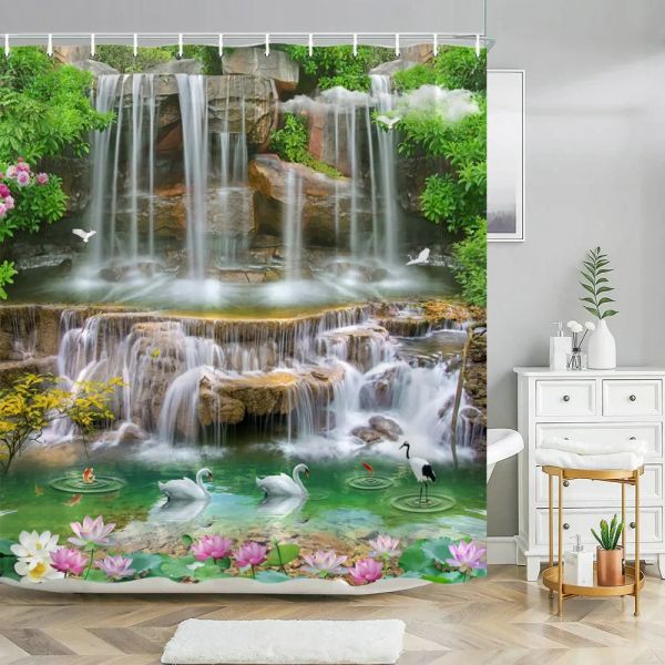 Wald Wasserfall Landschaft Duschvorhang Outdoor Garten Poster Tropenpflanzen Landschaftsschaffyester Duschvorhang Badezimmerdekoration