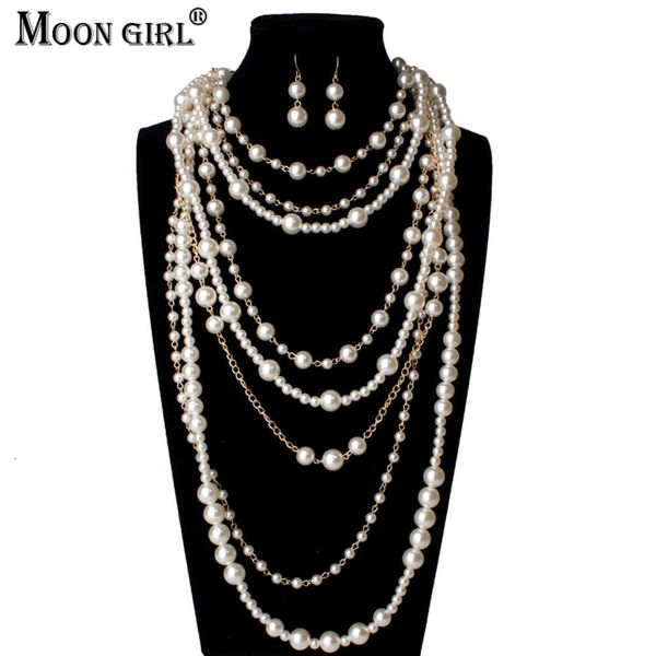 New Moon Girl Multi-Layer Simulierte Perlenkette Langes trendige Statement Choker Halskette für Frauen Modeschmuck