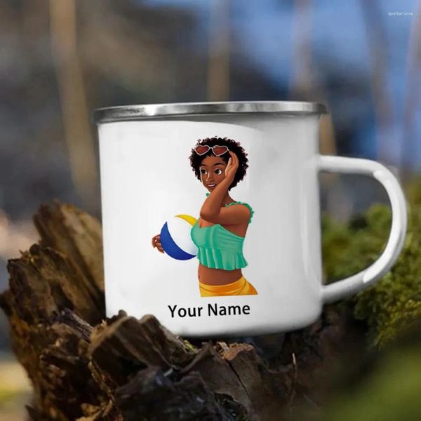 Canecas canecas de esmalte personalizadas caneca curta voleibol de vôlei padrão de metal copo de café imprimido seu nome o presente