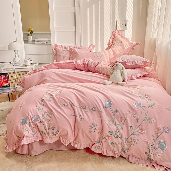 Клетки для постельных принадлежностей розовые цветы промытые хлопковые вышива