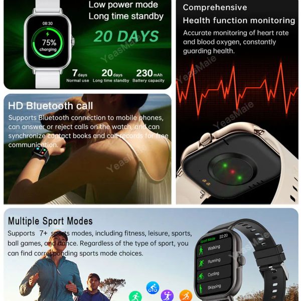 Light Sports Smart Watch Erkekler Tam Dokunmatik Ekran Sesli Asistanı BT, bilek saati fitness dijital saatler kadınları android iOS için