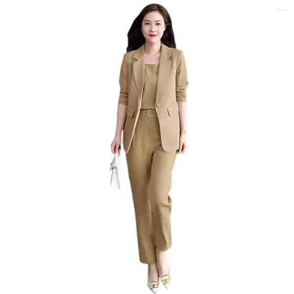Calças de duas peças femininas Slim Fit Form Formal Business Elegant Business Set com casaco de casaco Cardigan Design de altos bolsos da cintura para o cargo
