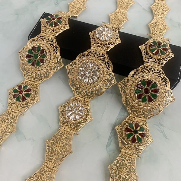 Cintura di girasole arabica rotonda Crystal Hollow Flower Metal Chaist per feste di nozze 240326