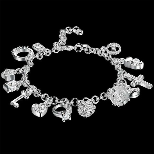 Bangle Hot Solid 925 Sterling Silber Armband Damen Crystal Heart Star Cross Anhänger Hochzeitsfeier Weihnachtsgeschenk Mode Schmuck YQ240409