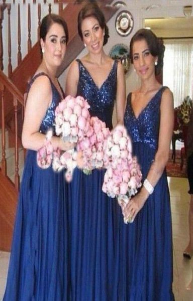 2017 Royal Blue Bling Top lantejas de damas de honra Vestidos Salia CHIFFON Bridesmaid Vestidos longos vestidos de dama de honra sexy sem costas