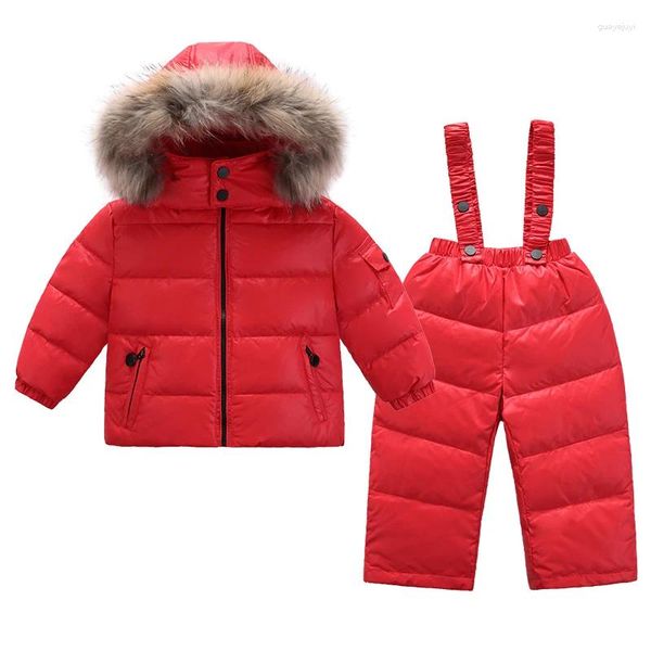 Down 2024 Kış Kışlı Çocuk Ceket Moda Kalınlaştırılmış Erkekler ve Kızlar Bebek Takım Setleri Kasık Pantolonları Açabilir