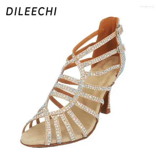 Scarpe da ballo dileechi latino glitter oro glitter strass per la festa salsa ballo ballo diamante cuba da 9 cm con fascia elastica