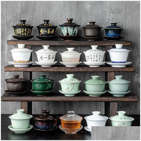 Conjuntos de teaware Cerâmica Gaiwan Jingdezhen Kungfu chinês definiu três talentos tigela grande xícara de pires em casa Cerimônia de chá em casa Presente 230414 Dro dhei