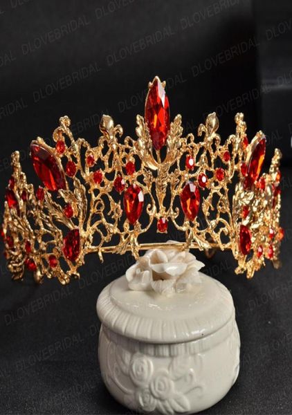 Gold Siver Bridal Tiara mit rot kristall hoher Qualität atemberaubender großer Festzugskron ohne Kamm Brithday Party PO Hair Accessoires2916127