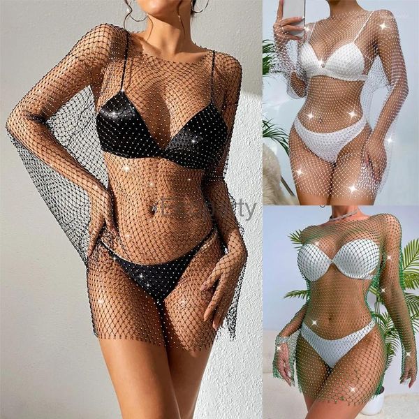 Vestidos casuais 2024 Sexy Veja através da fishnet Rhinestone Dress Women Glitter Glitter Mini Bodycon Party Mesh Bikini Cover Up Beach