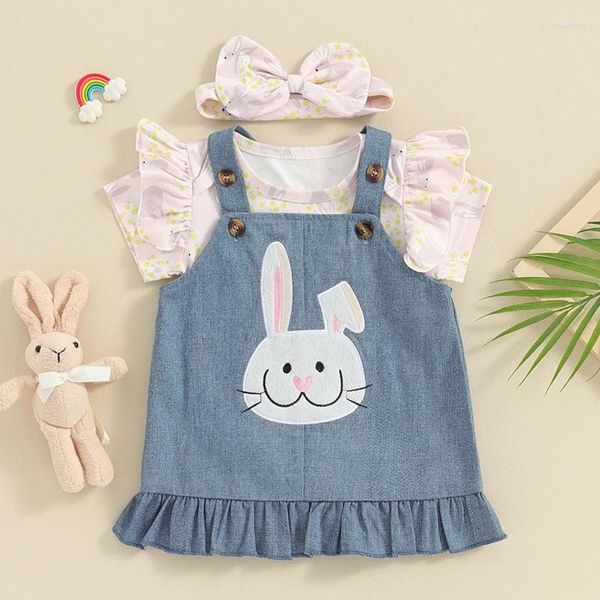 Set di abbigliamento bambina 3pcs stampare pagliaccetto a maniche corta con abito in denim e vestiti pasquali della fascia da prua