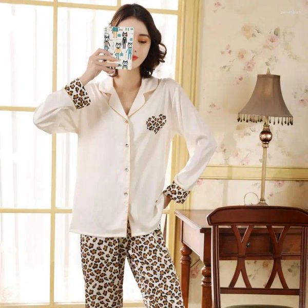 Roupas domésticas Leopard Sleepwear Pijamas de lapela Conjunto de lounge macia 2pcs pijamas terno de rayon roupas casuais lingerie íntima sexy sexy