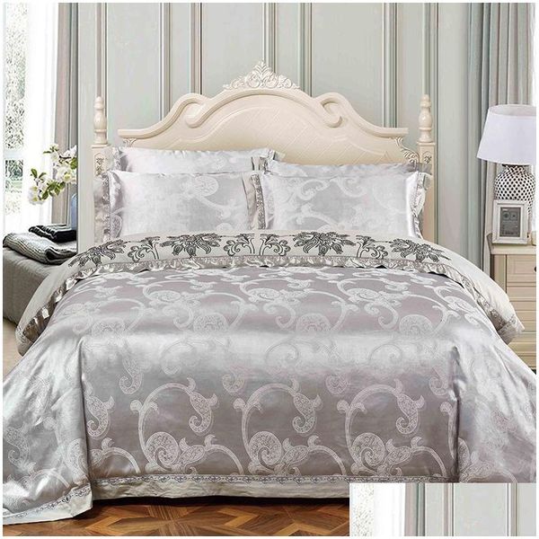 Bettwäsche Sets Kaffee Blau Luxus Seiden Jacquard Baumwollbettclänen Königin Kingsize 4 6 Stcs Bettlinge Bett Wäsche Set Kissen Drop Deli Dhace