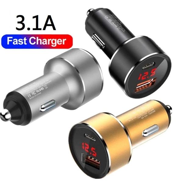 Высокая скорость 31A двойной USB -порты типа C PD Chargers Metal Mell Lod Display Car Charger для Xiaomi Huawei IP 12 13 Samsung Tablet PC9594290