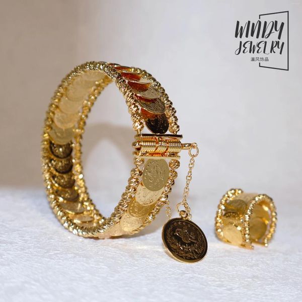 Halskette Ohrringe Set windiger Schmuckmünzen 24K Gold plattiert Dubai Arabische Frauen Luxusmanschette Armreifen Braut Hochzeitsarmband Ringe