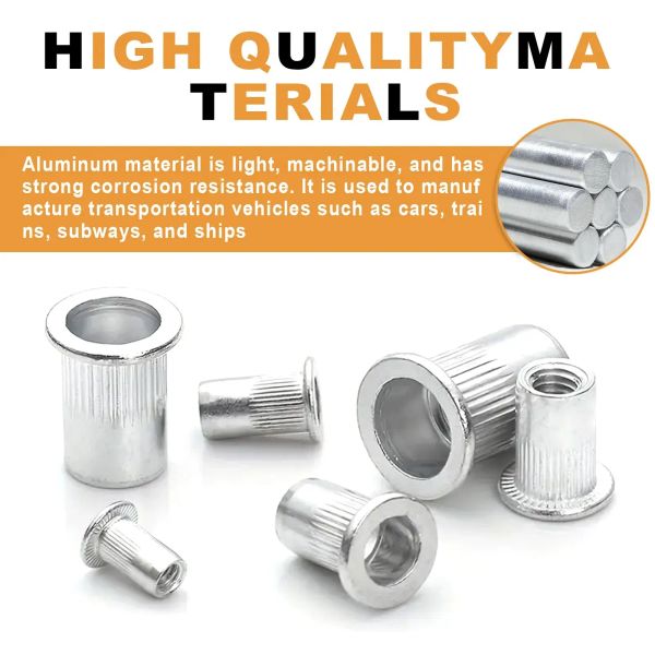 110pcs Nieten Nüsse, Aluminium -Flachgewinde -Nuss -Montage -Kit, geeignet für Automobile, Möbel, Industrieprodukte