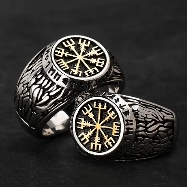 Vintage Nordic 14K Gold Compass Ring Mens Viking Symbol Aegishjalmur Ring Amulett Rune Schmuck Geschenk