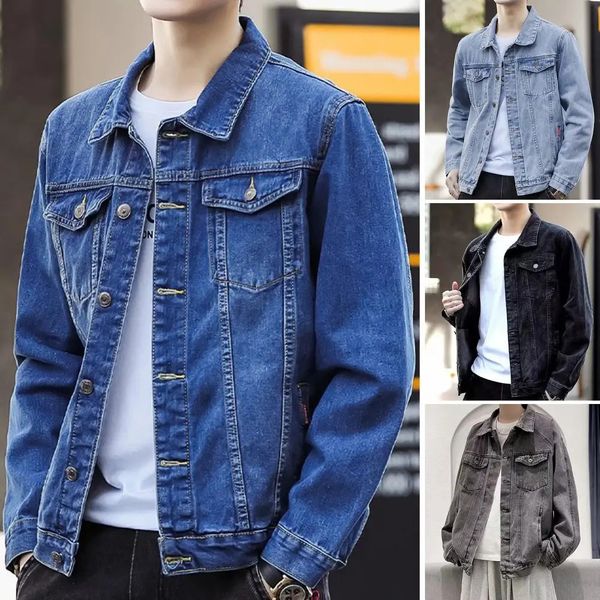 Jaqueta Men Jacket retro estilo jeans de jeans com bolsos múltiplos de tamanho para homens de rua com design de peito único 240327