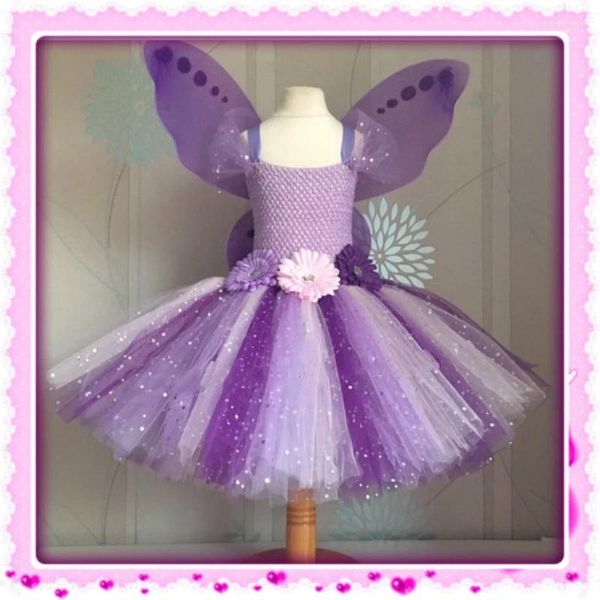 Mädchen Kleider Mädchen lila Schmetterling Fairy Tutu Kleid Kinder Häkel Blume Glitter Tüll Ballkleid mit Flügel Kindern Party Kostüm