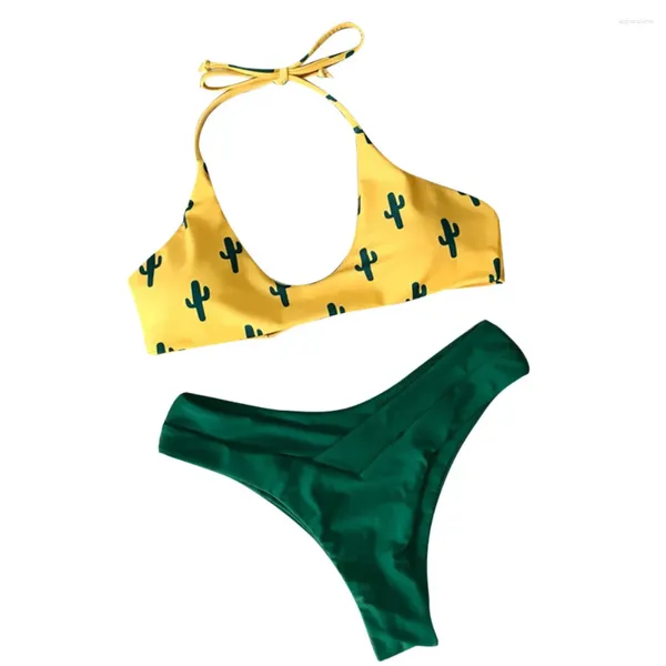 Menas de banho feminina Sexy Two Piece Cactus Cactus estampa de halter split Halter Up Strap Low Cut Bikiny Beachwear para mulheres