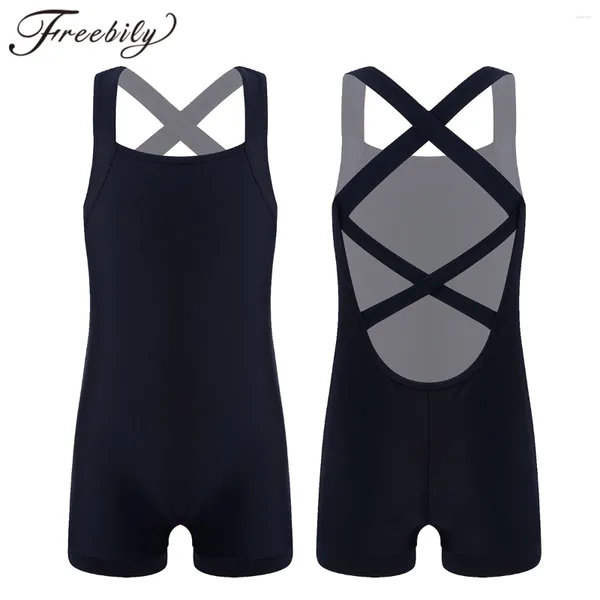 Stage Wear Kids Girls Ballet Dance Ginástica de Ginástica Letard Bodysuit Sleevesess Crisscross Back Sports Gym Gyms Macacão Unitard Dancewear