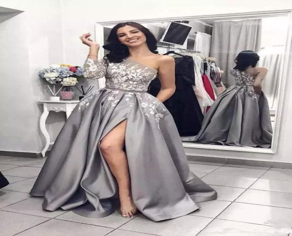 2019 Silver cinza fenda de baile vestidos de um ombro de manga comprida Apliques de renda Black Girl Party Evening Wear Dsetwons GOWNS Custom3679024