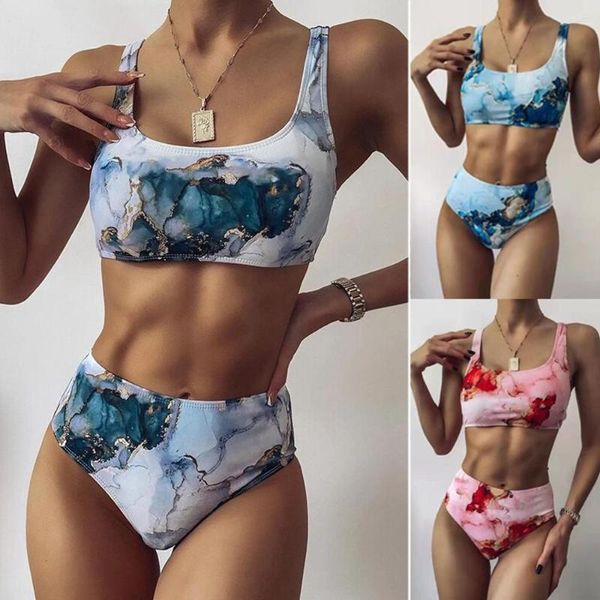 Frauen Badebekleidung Druck Sport Bandeau Push Up Bikinis Sexy Marmor Frauen Badeanzug hoher Taille Badeanzug