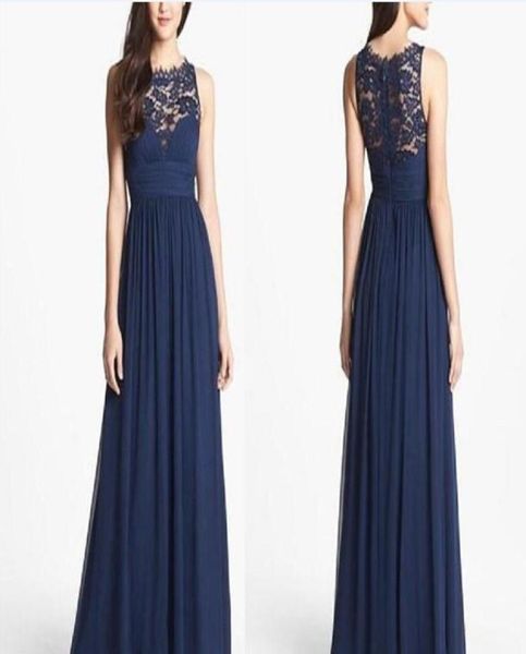 2019 abiti da damigella d'onore blu navy in chiffon lunghezza lunga lunghezza empero cameriera di onore gioiello collo shaer lacci posteriore onore BRI4716851