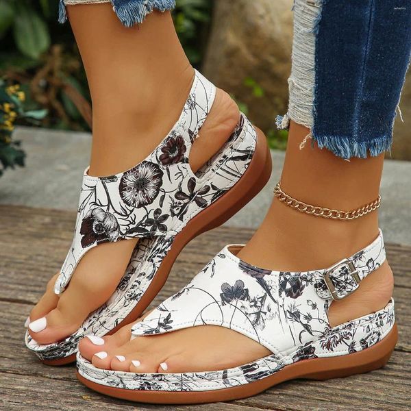 Sandalet Moda Retro Baskılı Bohemian Kadınlar Kalın Solged Tuzak Tepe Deri Üst Platform Ayakkabı Kadın 2024 Trend