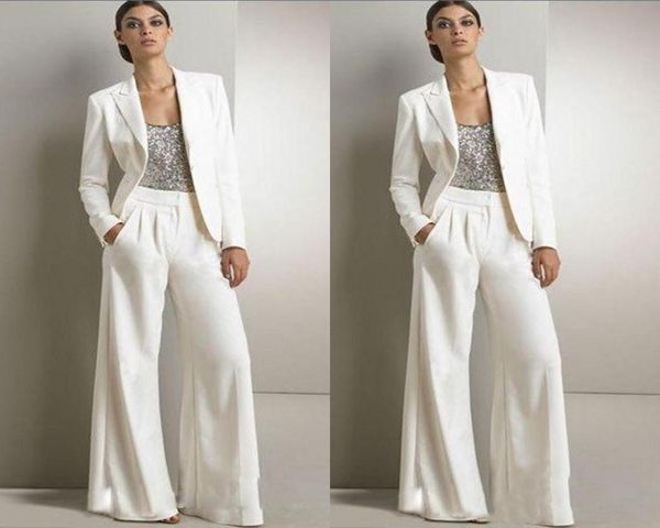 Neue Bling -Pailletten Elfenbein weiße Hosen Anzüge Mutter der Braut Kleider formelle Chiffon Tuxedos Frauen Party tragen neue Mode bescheiden 8526456