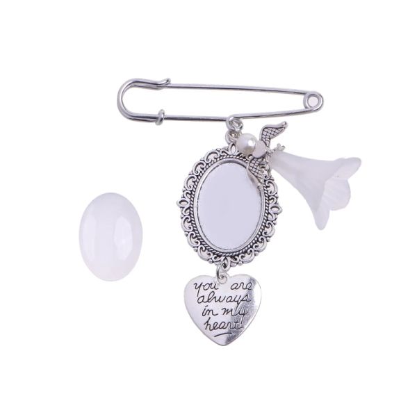 Lacy Oval Charm Bridal Wedding Bouquet Charm Pin Fácil de fazer Memorial Safety Broche Bridal Charm em memória do pai