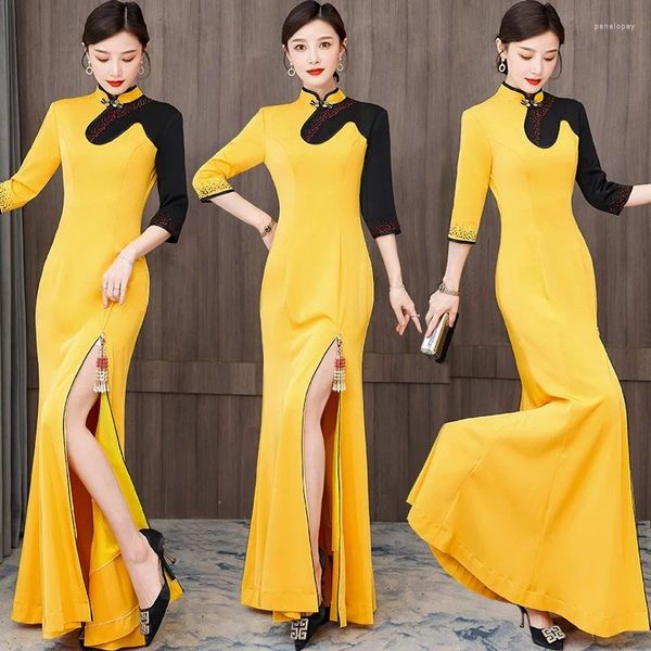 Vestidos casuais 2024 Temperamento Moda Elegante Vestido Feminino Versão Melhorada de Qipao Long