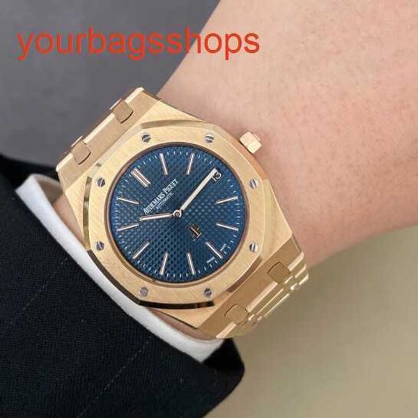 Top AP Wristwatch Royal Oak Series 15202 ou masculino assistir Blue disco 18k Rose Gold Business Leisure Data de observação mecânica automática 39mm conjunto completo