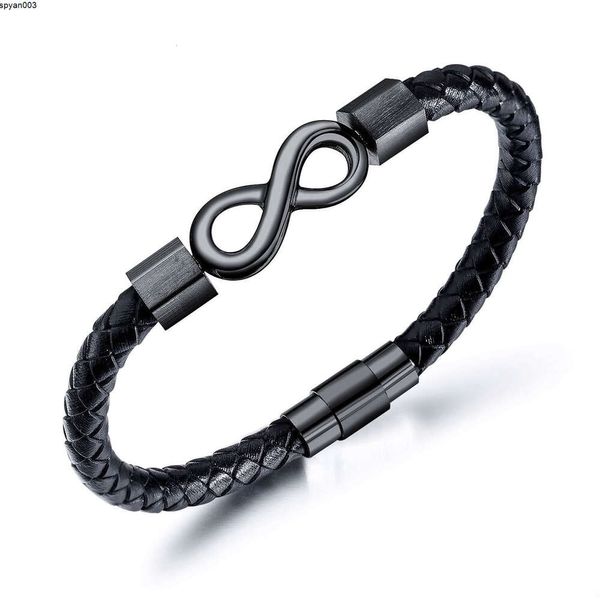 Bracciale da uomo in pelle nera in acciaio inossidabile con corda rotonda con fibbia magnetica