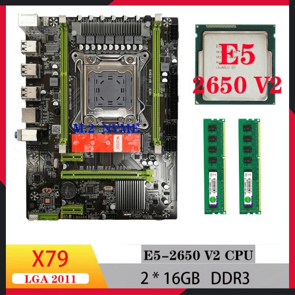 Placas -mãe x79 kit de combinação de placa -mãe Intel Xeon E5 2650 V2 Placa -mãe e processador RAM 2*16GB 2650V2 LGA 2011 DDR3 para jogador