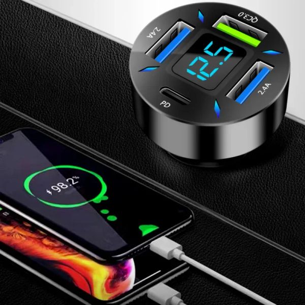 66W USB -Auto -Ladegerät Schnellladung PD QC3.0 mit Voltmeter Zigarette Leichter Sockel -Stromadapter für iPhone 11 12 Samsung Xiaomi