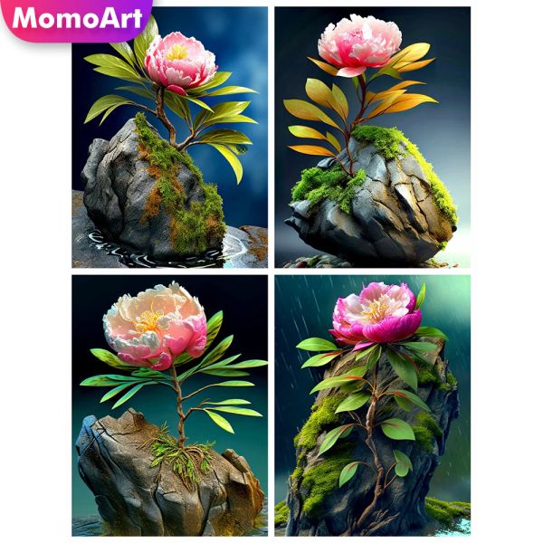 Momoart Blume Diamant Malerei Stein Landschaft Volles quadratisches rundes Mosaik Camellia Cross Stitch Stickst Stickkits Kunsthandwerk Kunsthandwerk