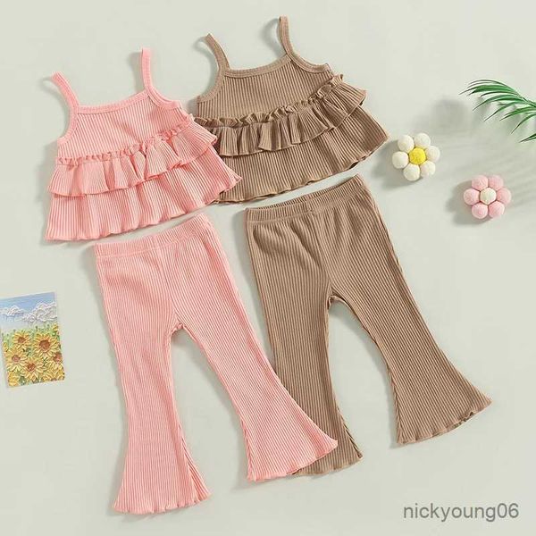 Kleidungssets Ewodos 1-6 Jahre Kleinkind Baby Girls Sommer-Outfit-Hosen Set Mody Layered Ruffle Camisol + Feste Farbe Rippte ausgestattet Pantet Set