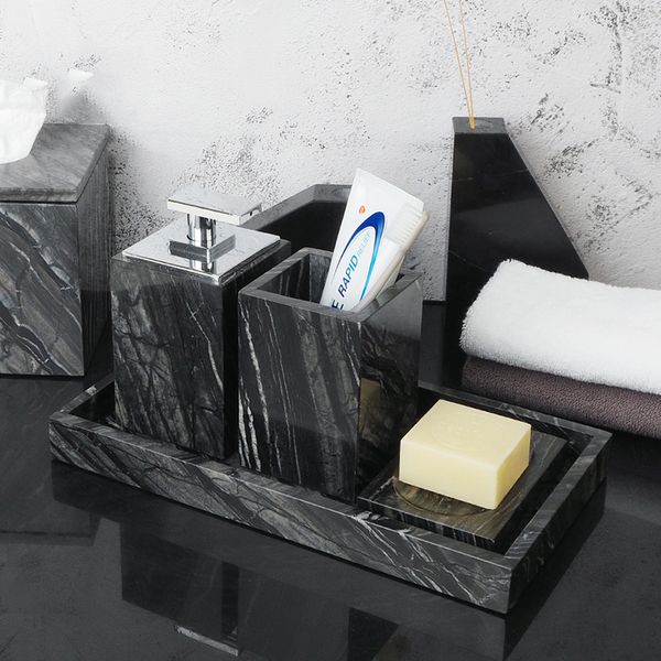 Set di marmo naturale nero per bagno per bagno di lussuoso spazzolino di sapone per distributore di sapone per vaso di accessori per bagno