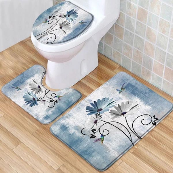 Badmatten 3pcs/Set Blumen Badezimmer Matte Daisy Hummingbird Abstrakte Hintergrund Flanell Dekor Badewanne Toilette Teppich nicht rutscher Teppich