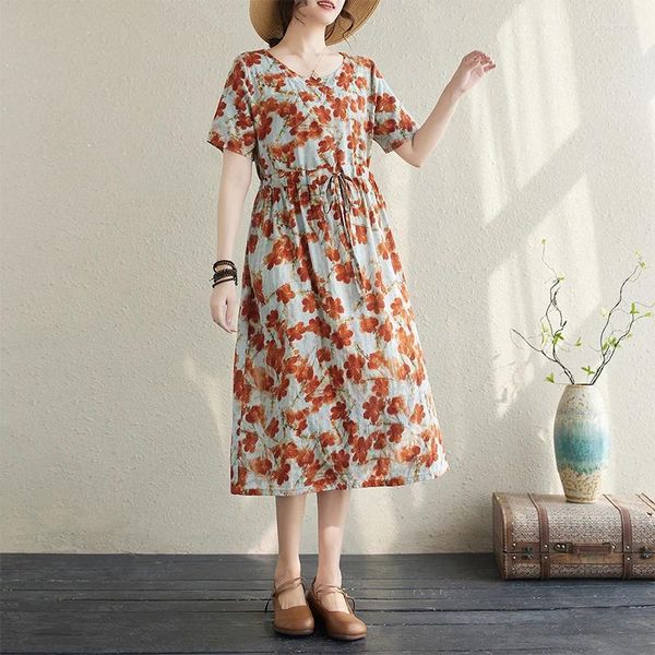 Abiti per feste Stampa Floral Draw String Slim Waist Women Vintage Dress Summer Sump Light Cotton Cotton Shelle Travel Style Beach Toss