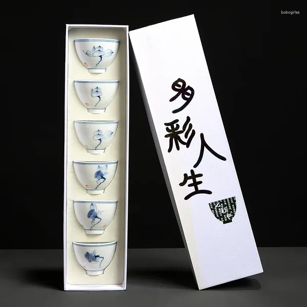 Copas pires jingdezhen pintado à mão Kungfu Cup de cerâmica azul e branco Mestre envidraçado Conjunto de chá artesanal Pu'er