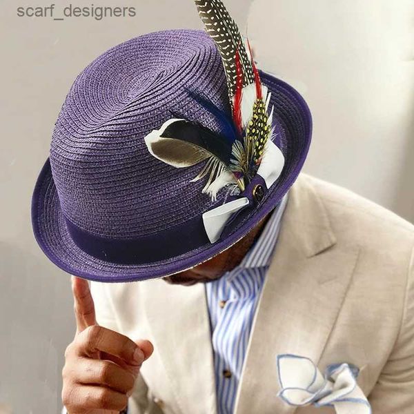 Geniş Memlu Şapkalar Kova Şapkaları Yeni Tüyler Erkekler İçin Hasır Şapka Yaz Modaya Düzenli Plaj Güneş Şapkaları Fedoras Şerit Günlük Kovboy Caz Kapağı Gangster Kapağı Erkek Y240409