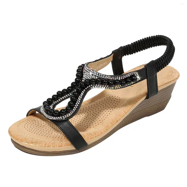 Sandalen Böhmische Stil Frauen elegante Frühlings- und Sommerkeile mit Diamantperlen Schmuckweiche Strandschuhe